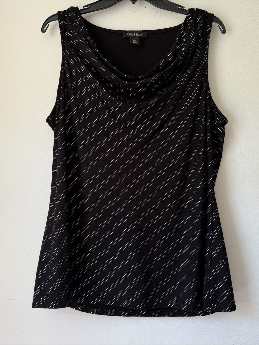 White House Black Market XL Black Cowl Neck Tank Diagonal Silver Dot Stripes